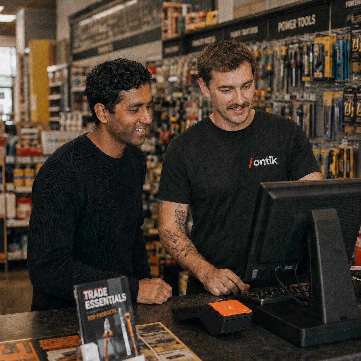 An Ontik specialist onboarding a trade customer at the counter